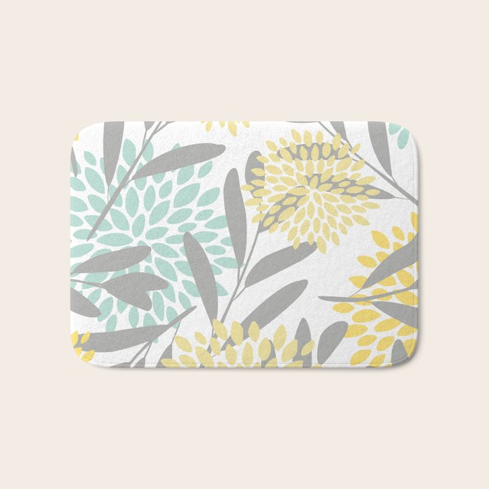 Floral Prints, Leaves and Blooms, Gray, Yellow and Aqua Bath Mat Gallery Image 1