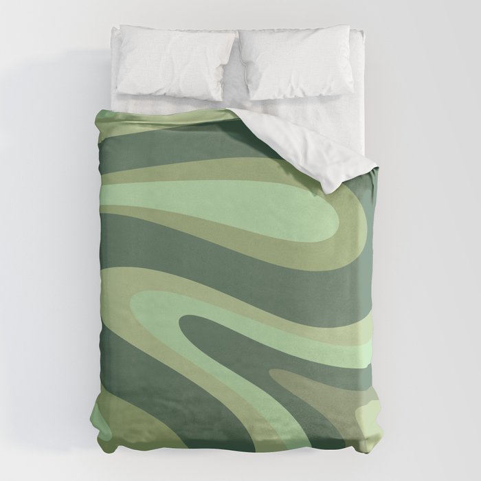 Retro Liquid Swirls Abstract Pattern in Basil and Mint Green Duvet Cover Gallery Image 6