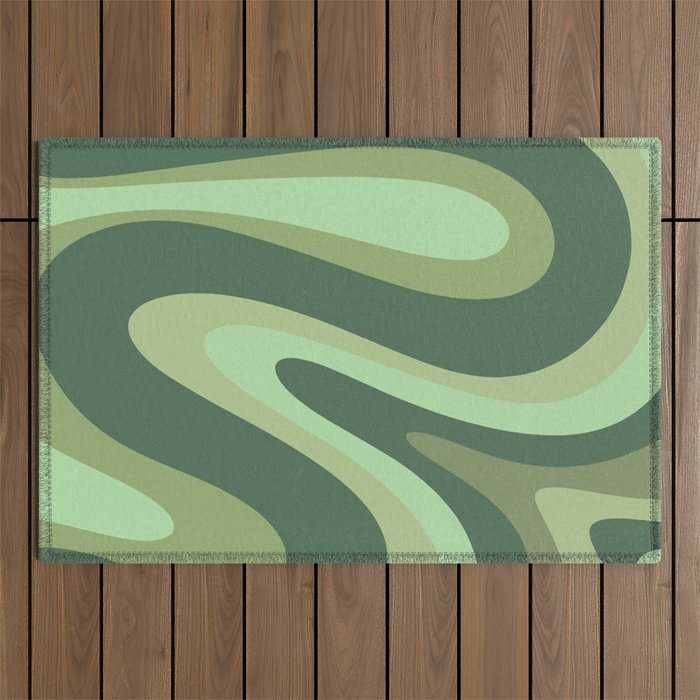 Retro Liquid Swirls Abstract Pattern in Basil and Mint Green Outdoor Rug Gallery Image 1