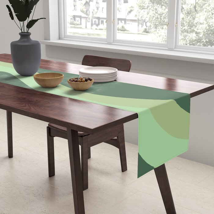 Retro Liquid Swirls Abstract Pattern in Basil and Mint Green Table Runner Gallery Image 2