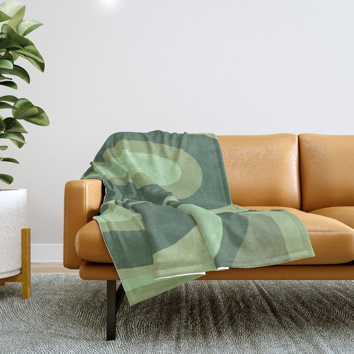 Retro Liquid Swirls Abstract Pattern in Basil and Mint Green Throw Blanket Gallery Image 1