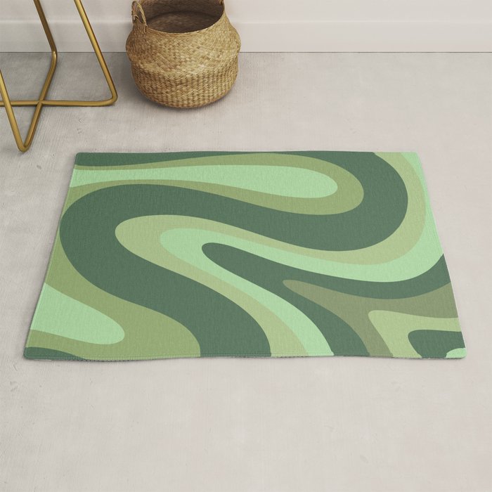 Retro Liquid Swirls Abstract Pattern in Basil and Mint Green Rug Gallery Image 1