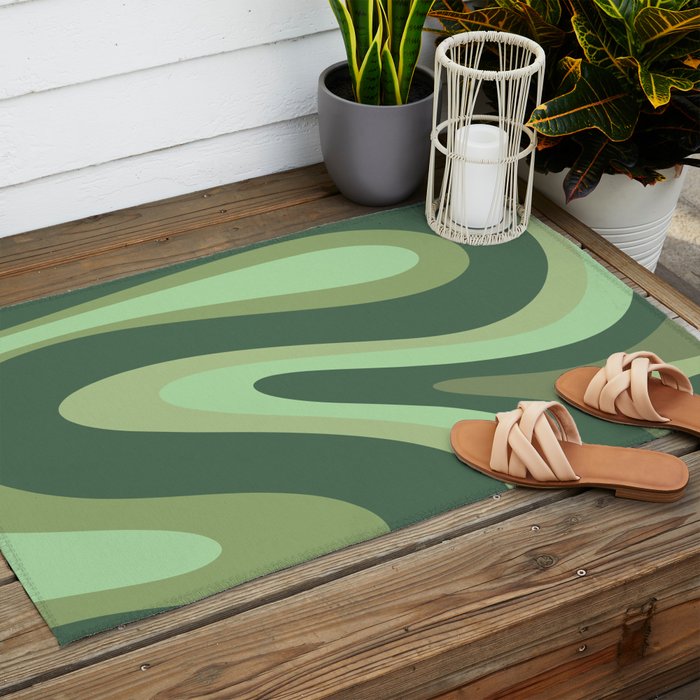 Retro Liquid Swirls Abstract Pattern in Basil and Mint Green Outdoor Rug Gallery Image 2