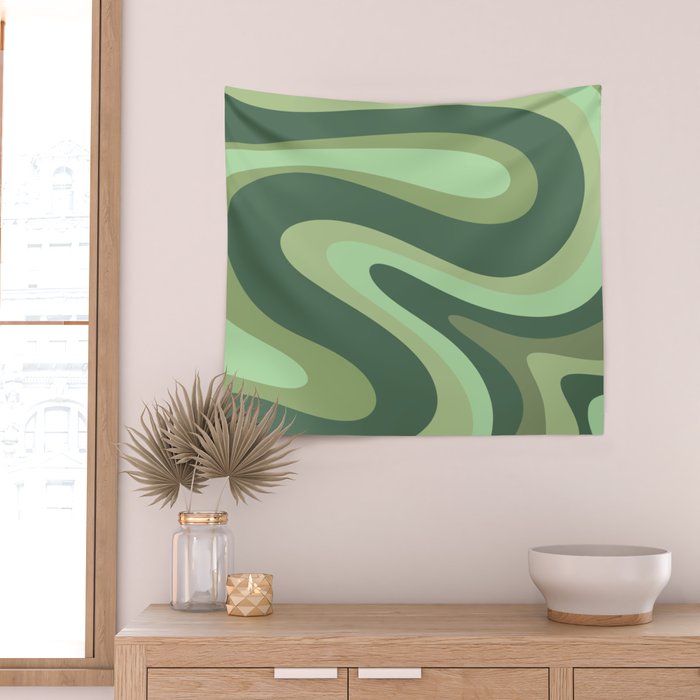 Retro Liquid Swirls Abstract Pattern in Basil and Mint Green Wall Tapestry Gallery Image 2
