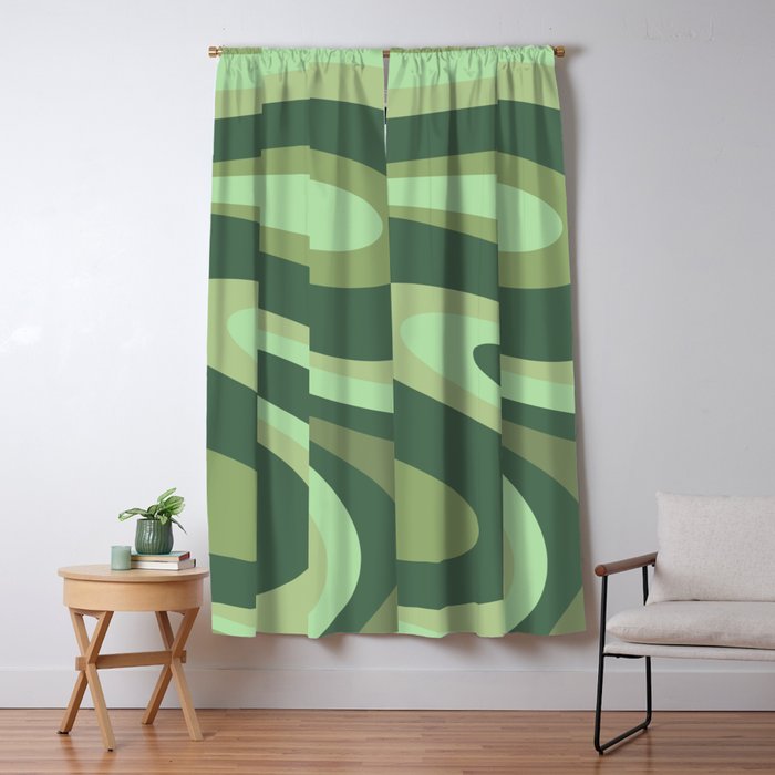 Retro Liquid Swirls Abstract Pattern in Basil and Mint Green Window Curtain Gallery Image 1