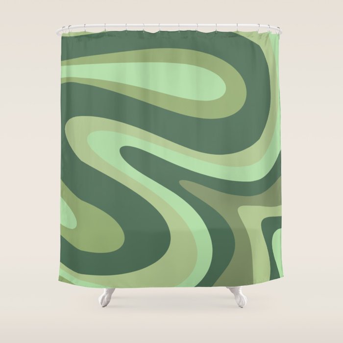 Retro Liquid Swirls Abstract Pattern in Basil and Mint Green Shower Curtain Gallery Image 1