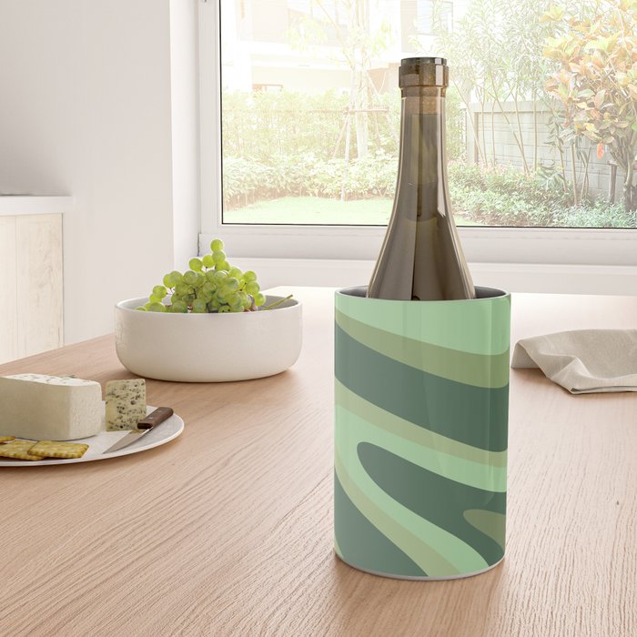 Retro Liquid Swirls Abstract Pattern in Basil and Mint Green Wine Chiller Gallery Image 4