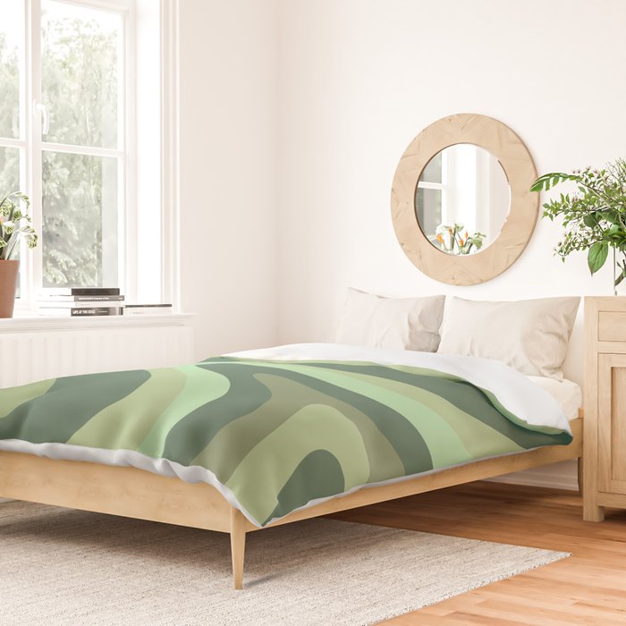 Retro Liquid Swirls Abstract Pattern in Basil and Mint Green Duvet Cover Gallery Image 2