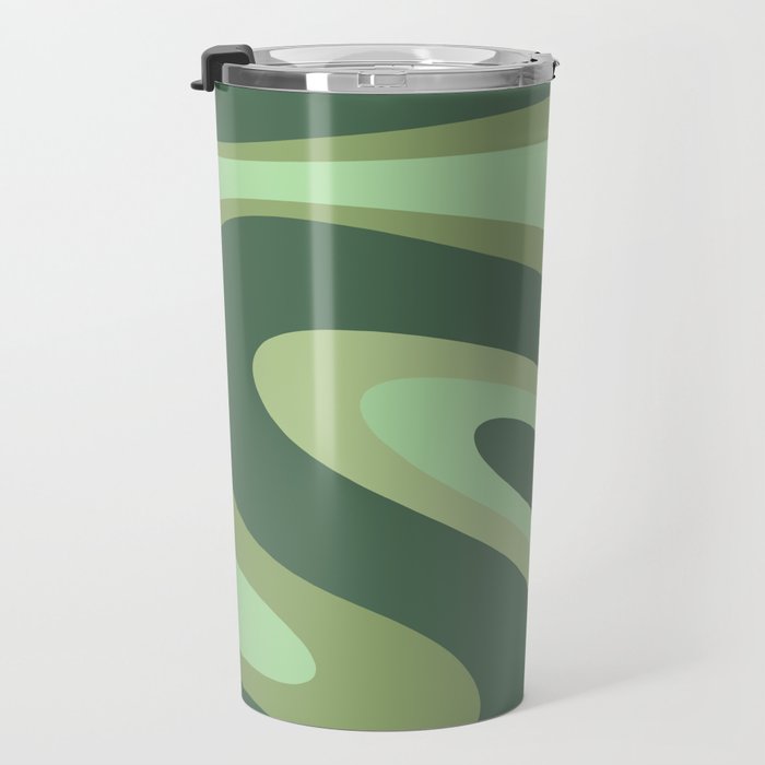 Retro Liquid Swirls Abstract Pattern in Basil and Mint Green Travel Mug Gallery Image 3