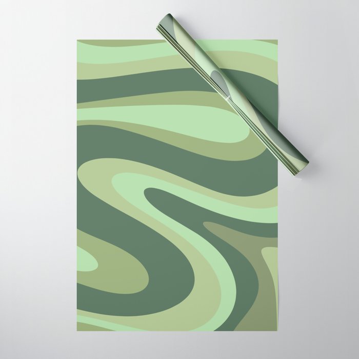 Retro Liquid Swirls Abstract Pattern in Basil and Mint Green Wrapping Paper Gallery Image 1
