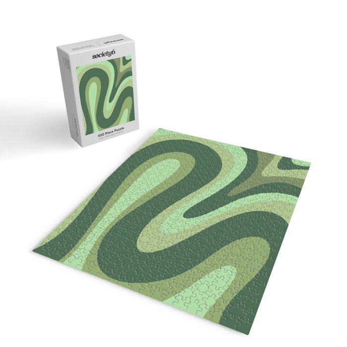 Retro Liquid Swirls Abstract Pattern in Basil and Mint Green Jigsaw Puzzle Gallery Image 2