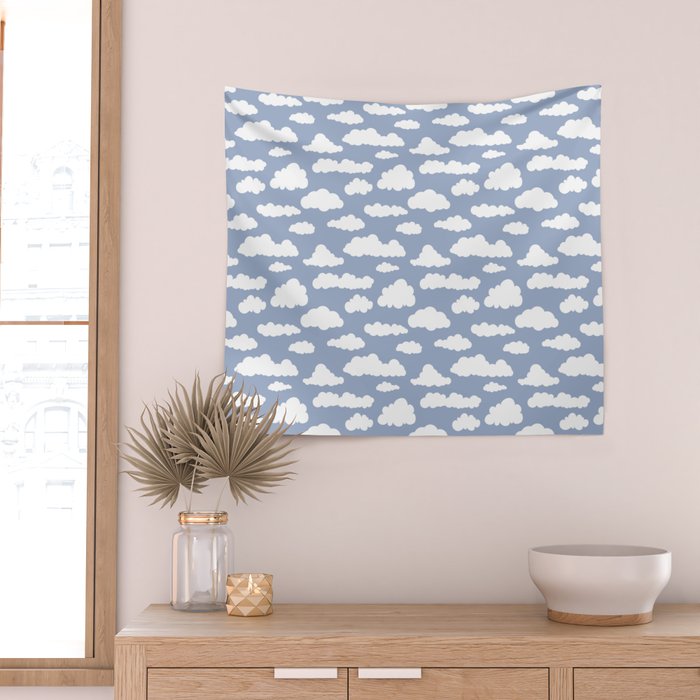Sunny Summer Sky: White Cartoon Clouds in a Blue Sky Pattern Wall Tapestry Gallery Image 2