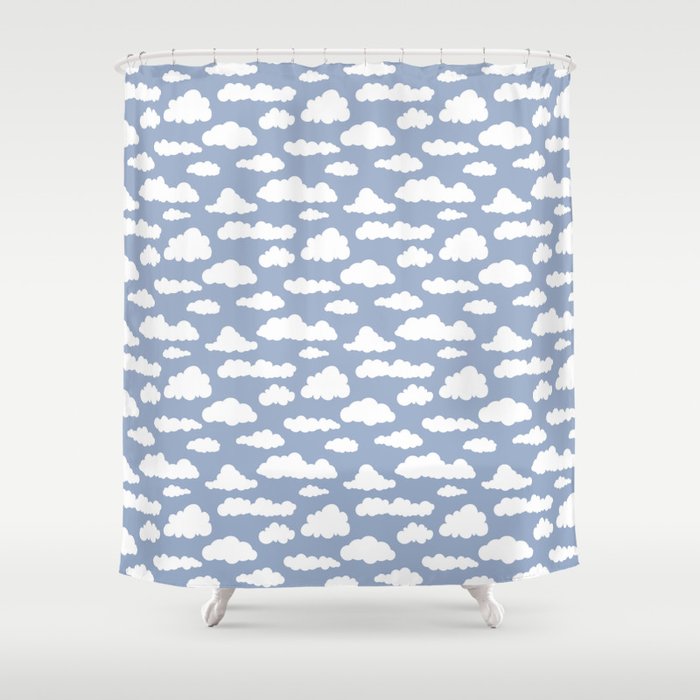 Sunny Summer Sky: White Cartoon Clouds in a Blue Sky Pattern Shower Curtain Gallery Image 1