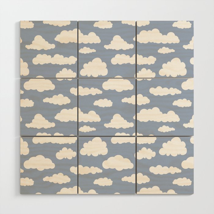Sunny Summer Sky: White Cartoon Clouds in a Blue Sky Pattern Wood Wall Art Gallery Image 1