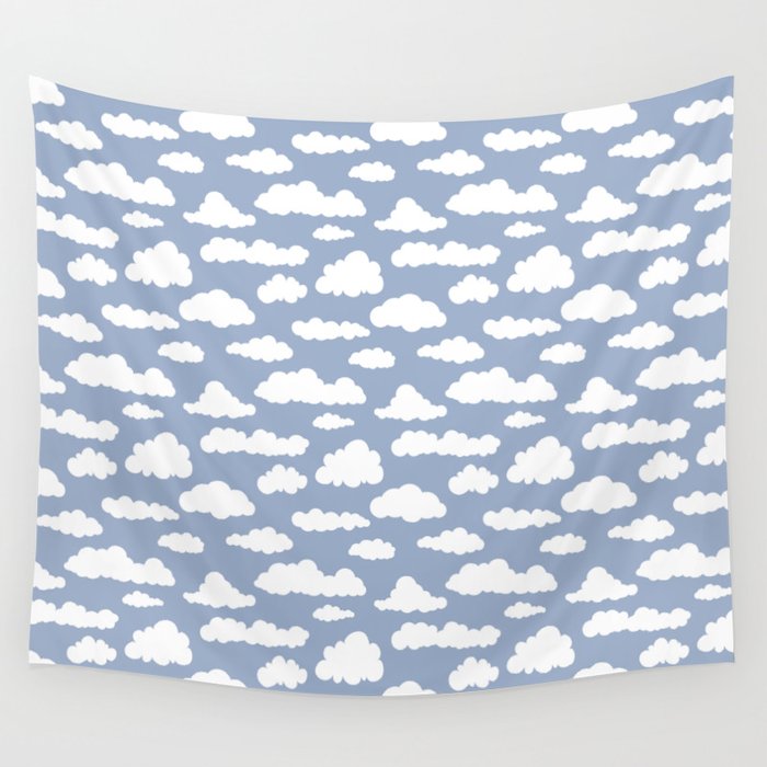 Sunny Summer Sky: White Cartoon Clouds in a Blue Sky Pattern Wall Tapestry Gallery Image 4
