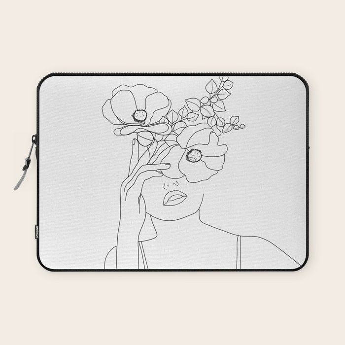 Minimal Line Art Woman with Flowers II Laptop Sleeve Gallery Image 1