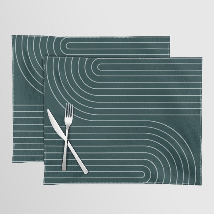 Minimal Line Curvature XCII Dark Teal Green Mid Century Modern Arch Abstract Placemat Gallery Image 1