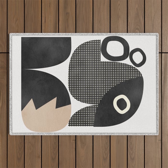 black white abstract shape art 2 Outdoor Rug Gallery Image 1