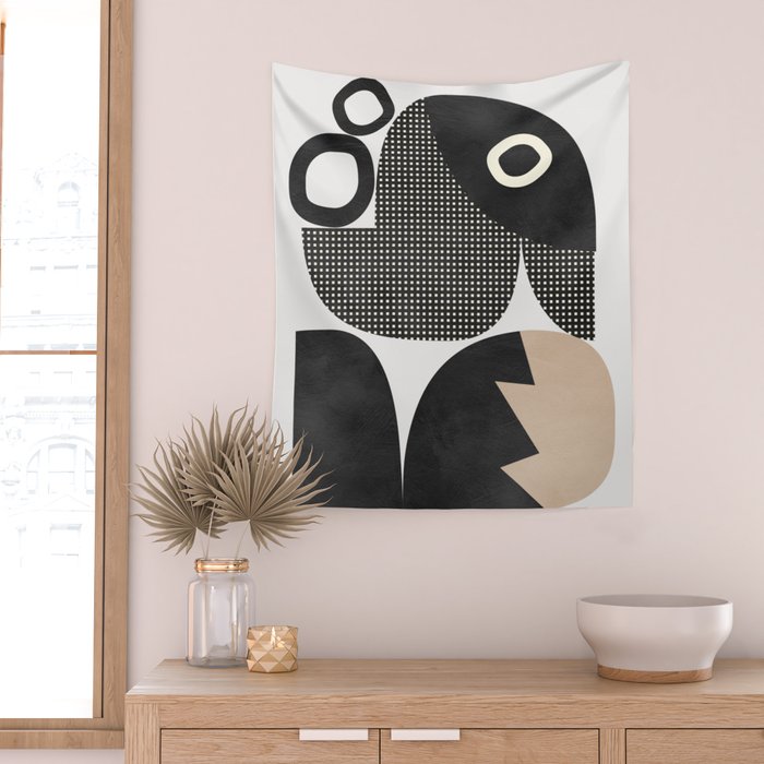 black white abstract shape art 2 Wall Tapestry Gallery Image 2