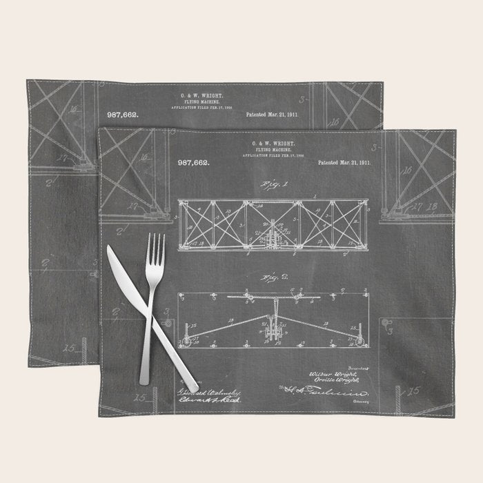 Wright Brother'S Plane Patent - Aviation Art - Black Chalkboard Placemat Gallery Image 1