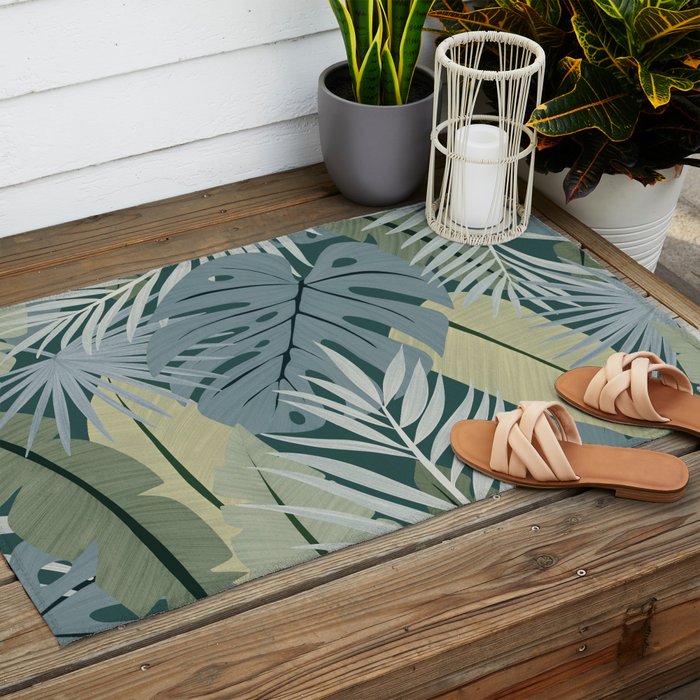 Blue tropical leaves Outdoor Rug Gallery Image 2