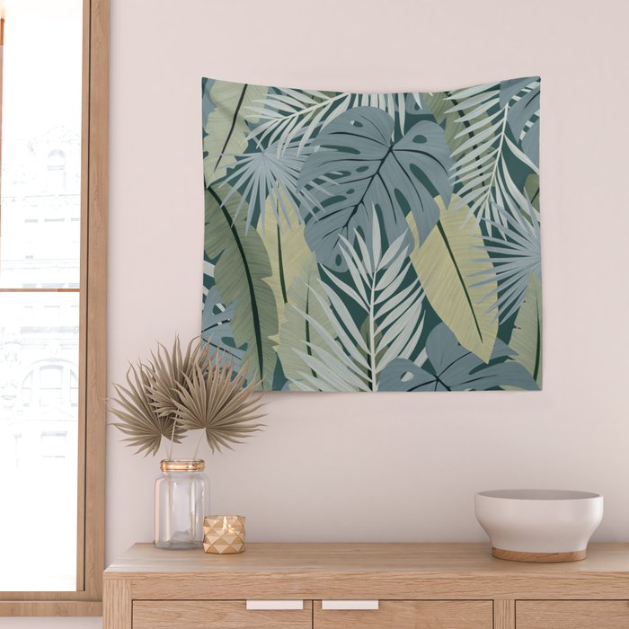 Blue tropical leaves Wall Tapestry Gallery Image 2