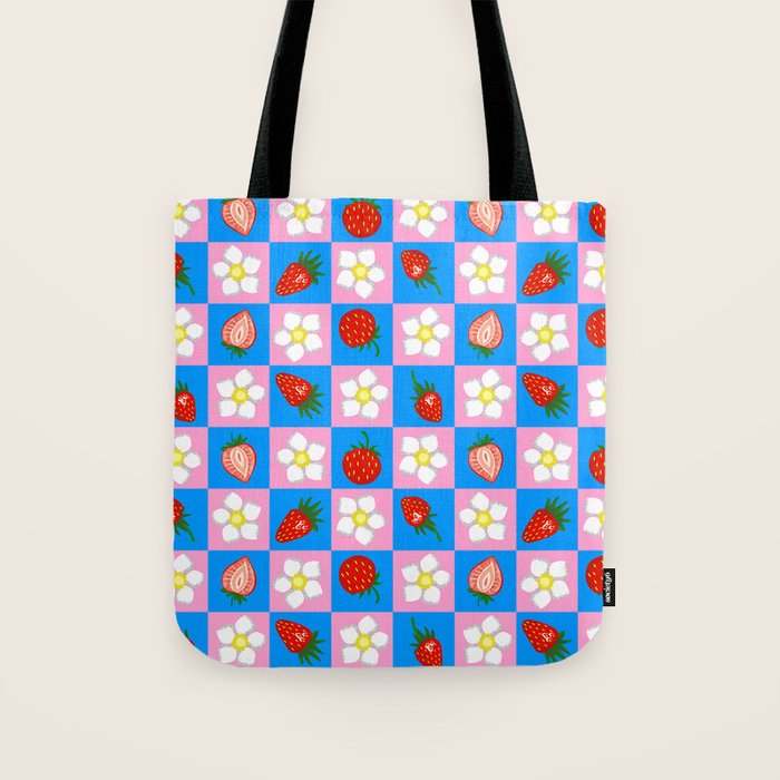 Strawberry Checkerboard - Blue And Pink Tote Bag Gallery Image 1