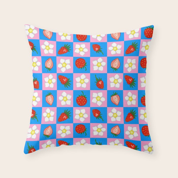 Strawberry Checkerboard - Blue And Pink Throw Pillow Gallery Image 6