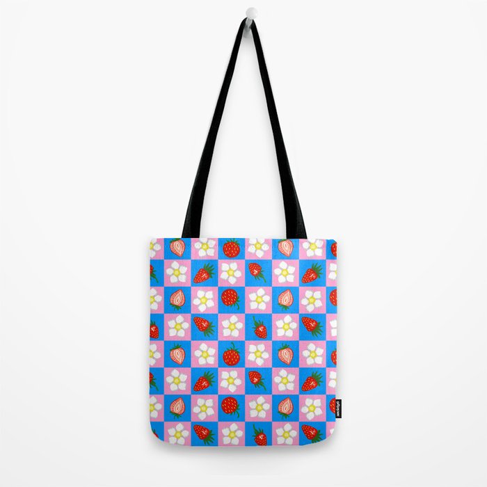 Strawberry Checkerboard - Blue And Pink Tote Bag Gallery Image 2