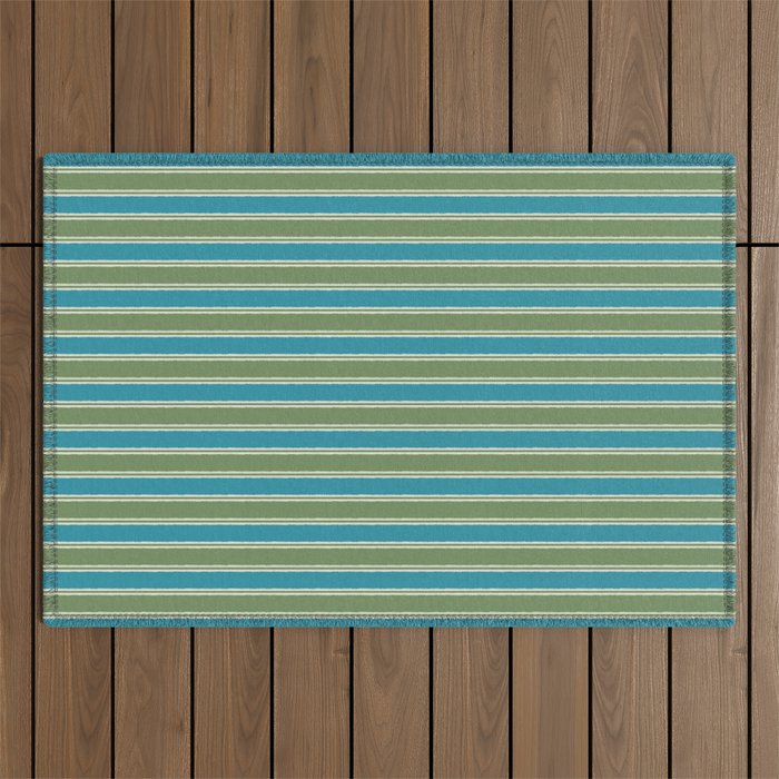 Cottage Stripes Eclectic Pattern in Green and Blue Outdoor Rug Gallery Image 1