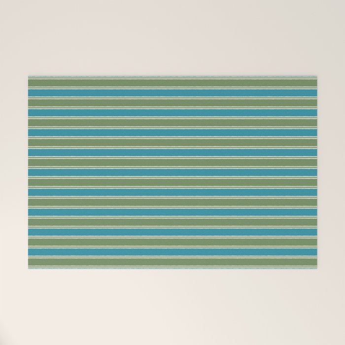 Cottage Stripes Eclectic Pattern in Green and Blue Welcome Mat Gallery Image 1