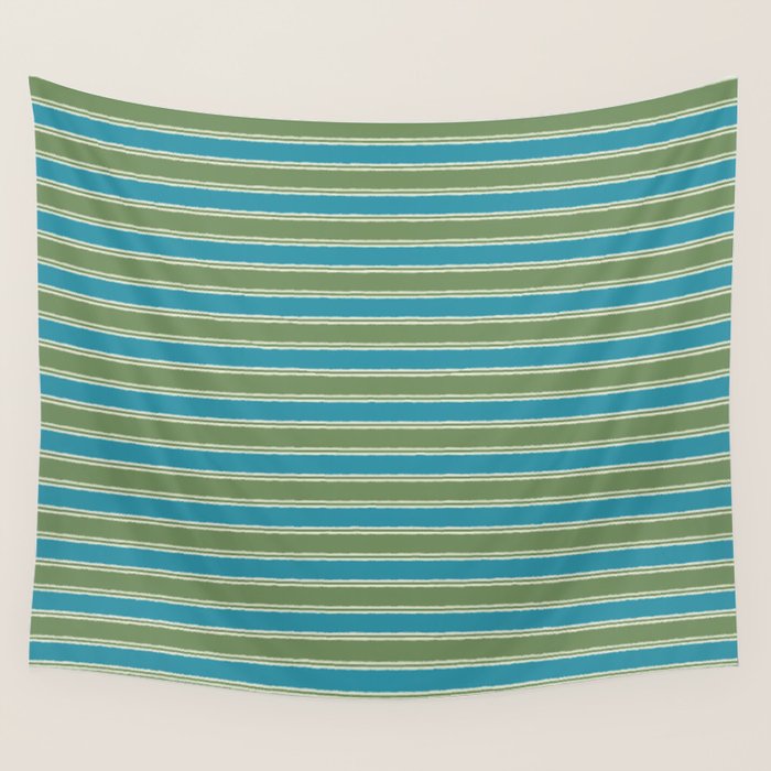 Cottage Stripes Eclectic Pattern in Green and Blue Wall Tapestry Gallery Image 4