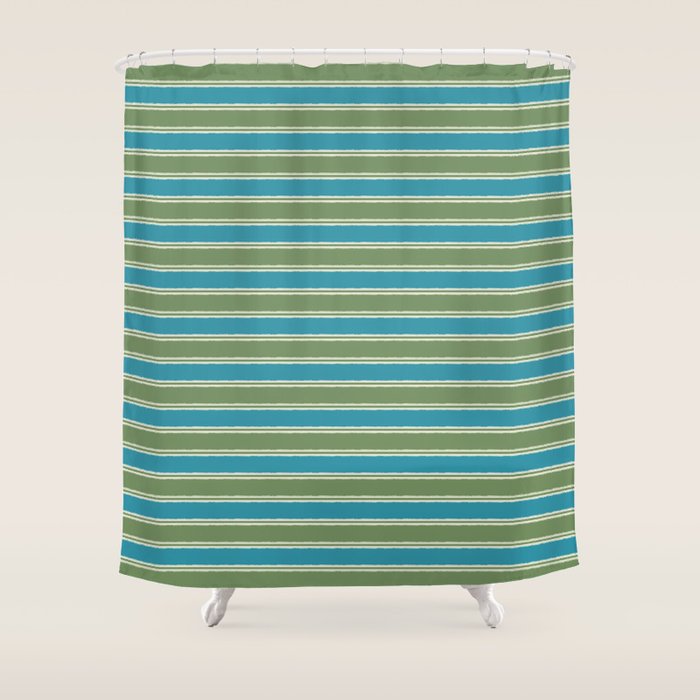 Cottage Stripes Eclectic Pattern in Green and Blue Shower Curtain Gallery Image 1