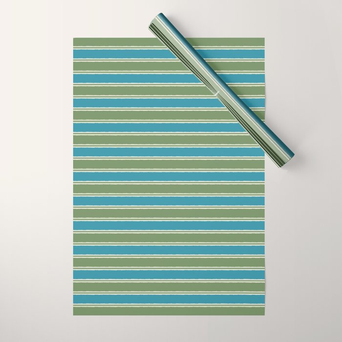 Cottage Stripes Eclectic Pattern in Green and Blue Wrapping Paper Gallery Image 1