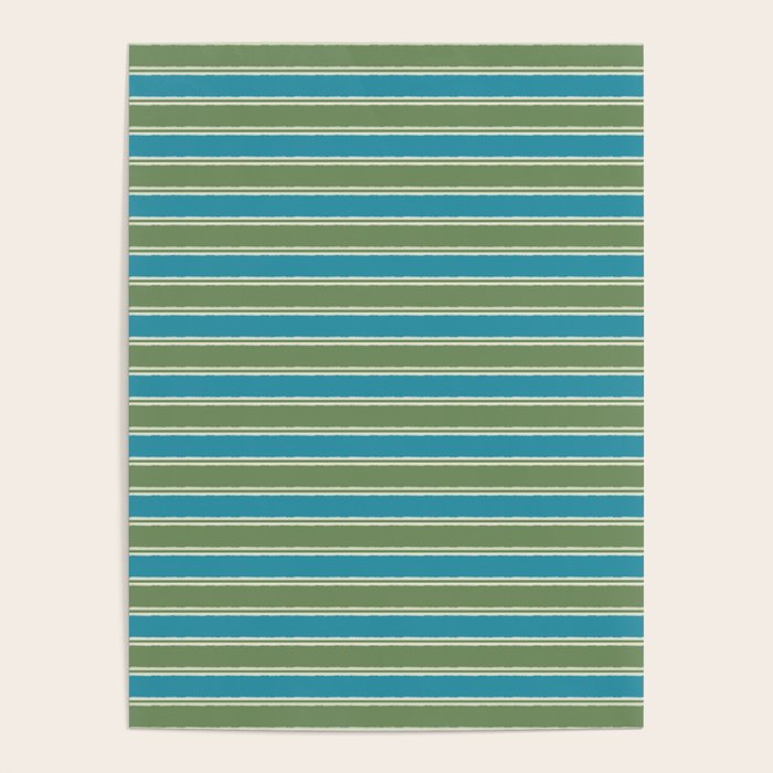 Cottage Stripes Eclectic Pattern in Green and Blue Poster Gallery Image 1