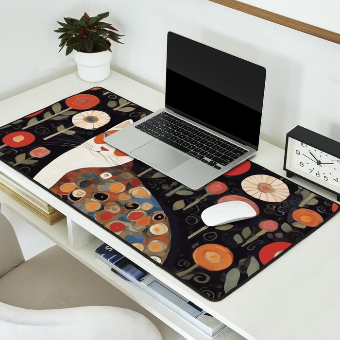 Klimt Calico Cat in a Garden of Abstract Flowers Desk Mat Gallery Image 2