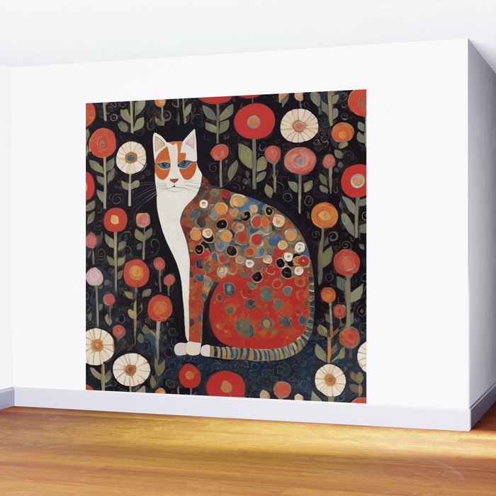 Klimt Calico Cat in a Garden of Abstract Flowers Wall Mural Gallery Image 2