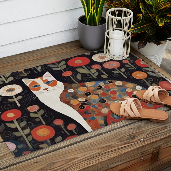Klimt Calico Cat in a Garden of Abstract Flowers Outdoor Rug Gallery Image 2