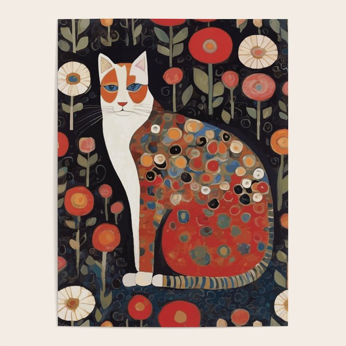 Klimt Calico Cat in a Garden of Abstract Flowers Poster Gallery Image 4