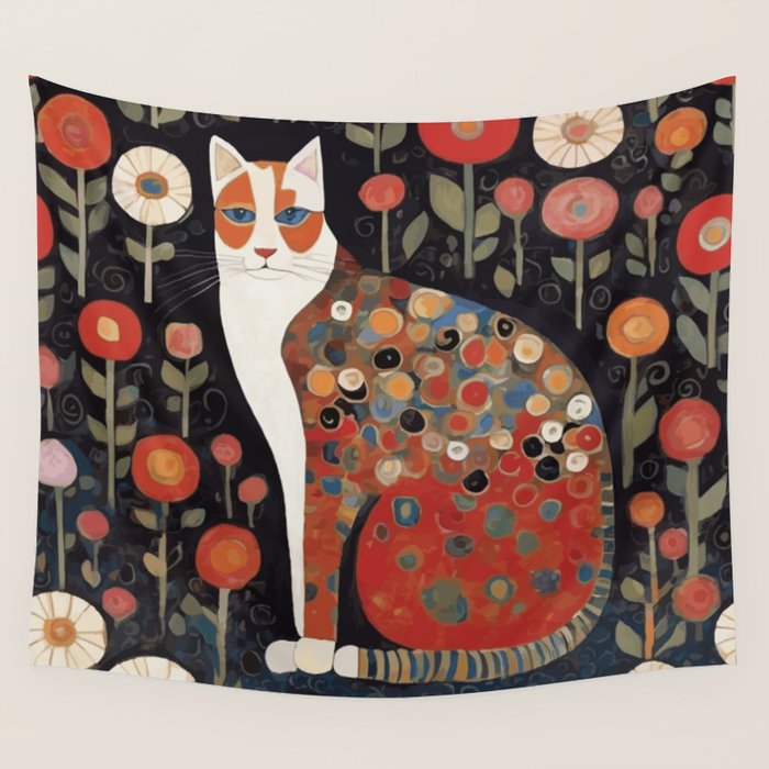 Klimt Calico Cat in a Garden of Abstract Flowers Wall Tapestry Gallery Image 4
