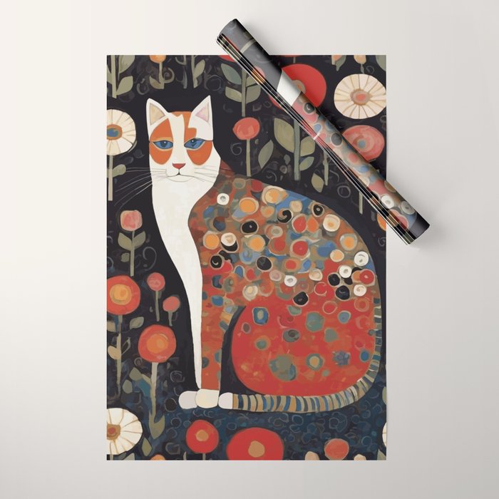 Klimt Calico Cat in a Garden of Abstract Flowers Wrapping Paper Gallery Image 1