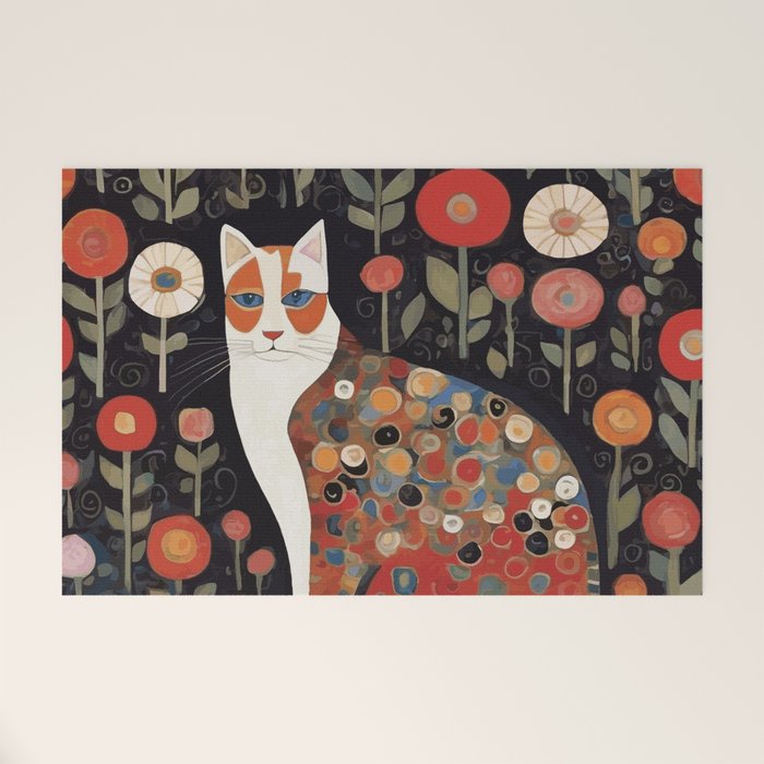 Klimt Calico Cat in a Garden of Abstract Flowers Welcome Mat Gallery Image 1