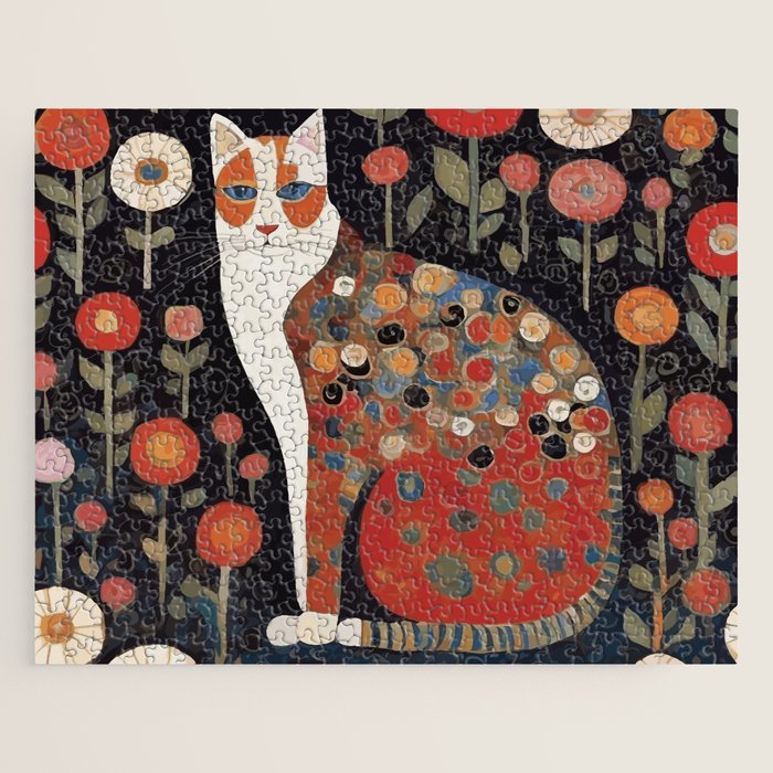 Klimt Calico Cat in a Garden of Abstract Flowers Jigsaw Puzzle Gallery Image 1