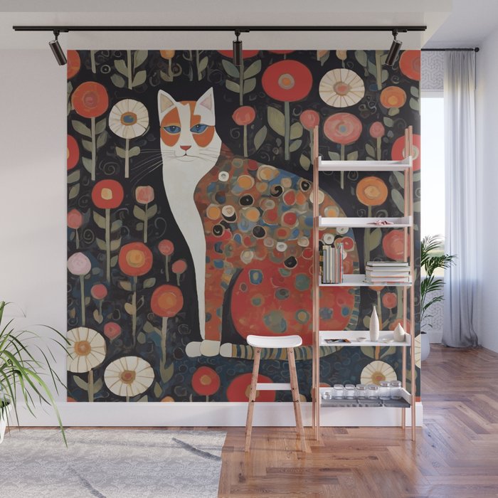Klimt Calico Cat in a Garden of Abstract Flowers Wall Mural Gallery Image 1