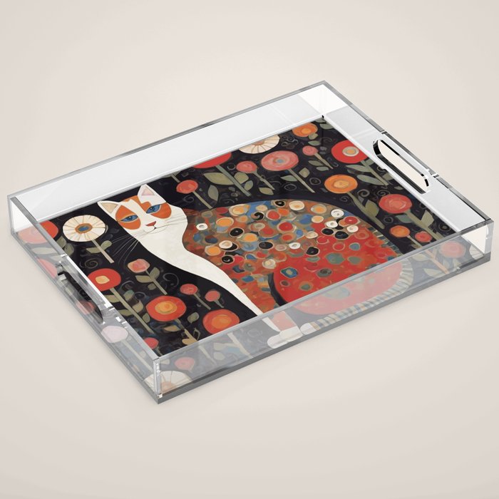 Klimt Calico Cat in a Garden of Abstract Flowers Acrylic Tray Gallery Image 1