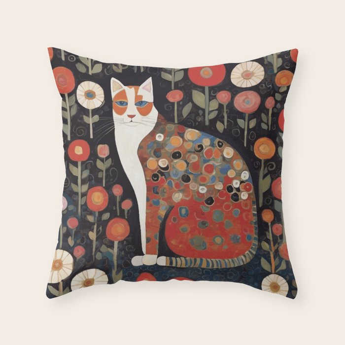 Klimt Calico Cat in a Garden of Abstract Flowers Throw Pillow Gallery Image 6