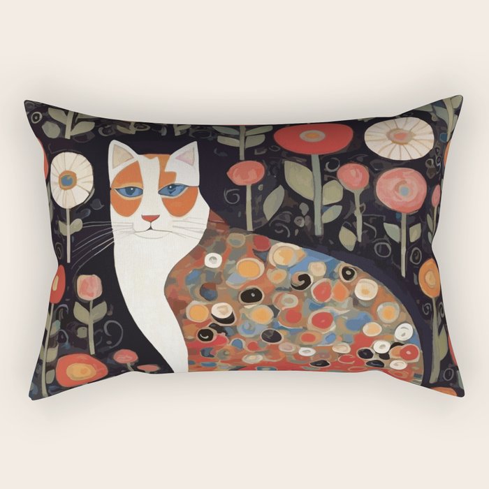 Klimt Calico Cat in a Garden of Abstract Flowers Rectangular Pillow Gallery Image 1