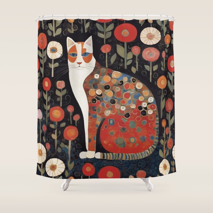 Klimt Calico Cat in a Garden of Abstract Flowers Shower Curtain Gallery Image 1