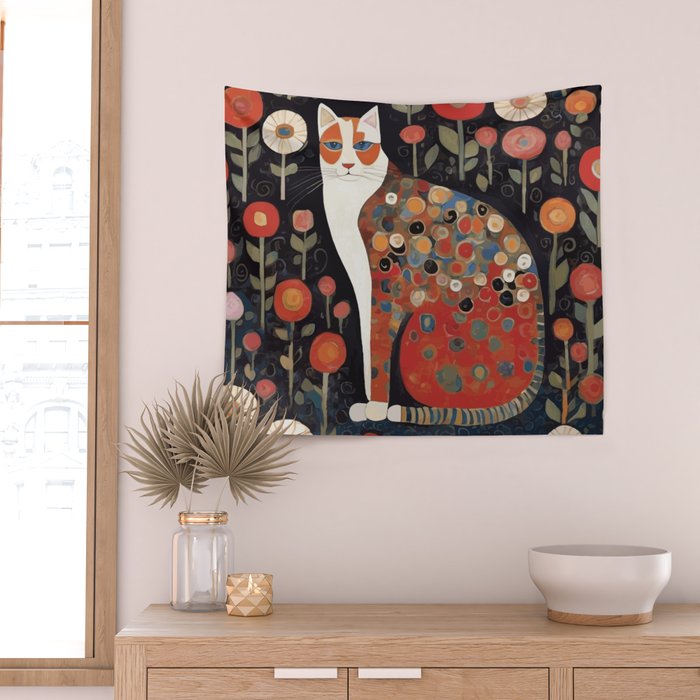 Klimt Calico Cat in a Garden of Abstract Flowers Wall Tapestry Gallery Image 2