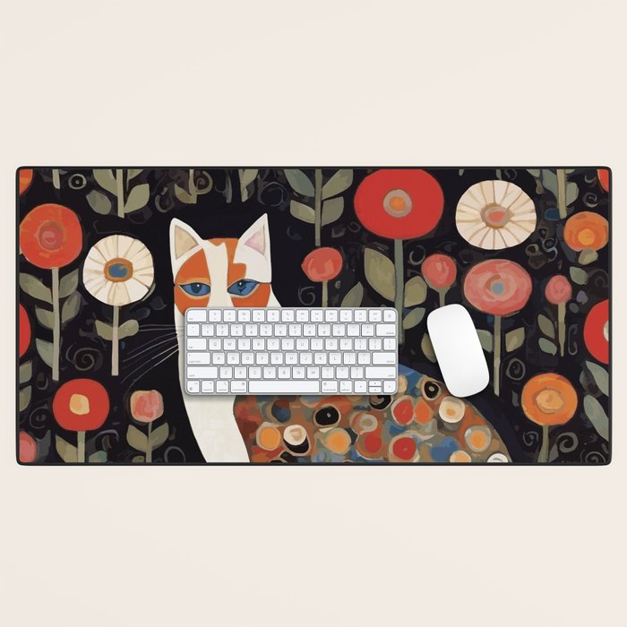 Klimt Calico Cat in a Garden of Abstract Flowers Desk Mat Gallery Image 1